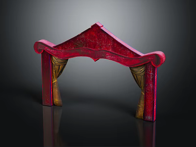 Red Entrance Gate With Ornate Arch Design And Golden Curtains Decorative Details 3d model