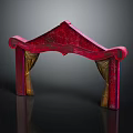 Red Entrance Gate With Ornate Arch Design And Golden Curtains Decorative Details