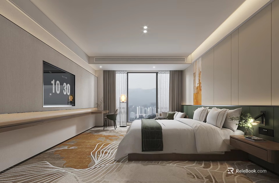 Modern Hotel Room With King Bed Smart TV Large Windows Mountain View And Patterned Carpet 3d model 