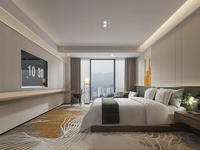 Modern Hotel Room With King Bed Smart TV Large Windows Mountain View And Patterned Carpet 3d model