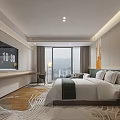 Modern Hotel Room With King Bed Smart TV Large Windows Mountain View And Patterned Carpet