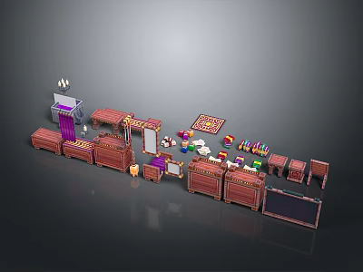 Wooden Retail Display Setup With Multiple Counters Shelves And Colorful Merchandise 3d model