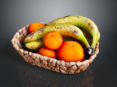 Fresh Bananas and Oranges in Woven Basket on Dark Background 3d model
