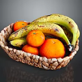 Fresh Bananas and Oranges in Woven Basket on Dark Background