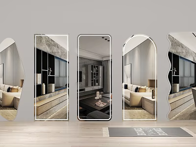Various Shaped Wall Mounted Mirrors Reflecting Living Room Furniture In Modern Home 3d model