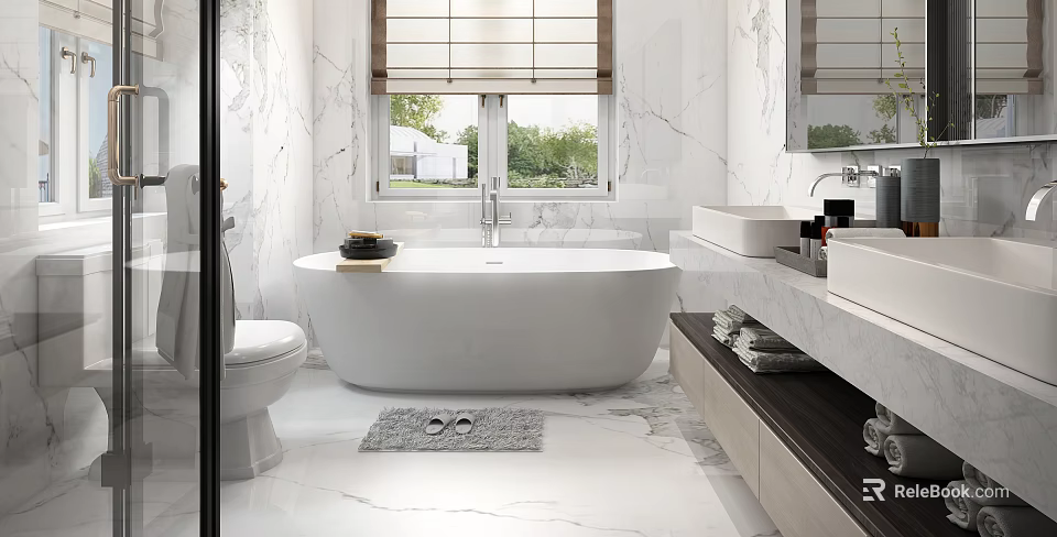 Modern Bathroom Interior With White Bathtub Marble Walls Floors Double Sink Vanity And Window Blinds 3d model 