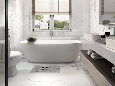 Modern Bathroom Interior With White Bathtub Marble Walls Floors Double Sink Vanity And Window Blinds 3d model