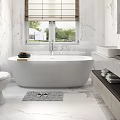 Modern Bathroom Interior With White Bathtub Marble Walls Floors Double Sink Vanity And Window Blinds