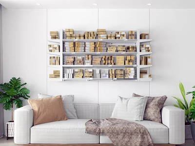 Modern Living Room Interior With Floating Wall Cabinets Filled With Books And Decorations 3d model