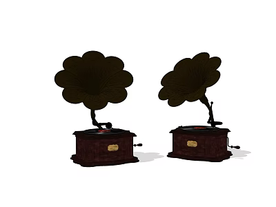 Vintage Gramophone Audio Equipment With Brown Base Flower Shaped Horns And Retro Design 3d model