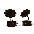Vintage Gramophone Audio Equipment With Brown Base Flower Shaped Horns And Retro Design