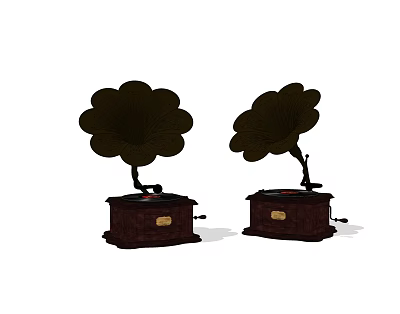 Vintage Gramophone Audio Equipment With Brown Base Flower Shaped Horns And Retro Design 3d model