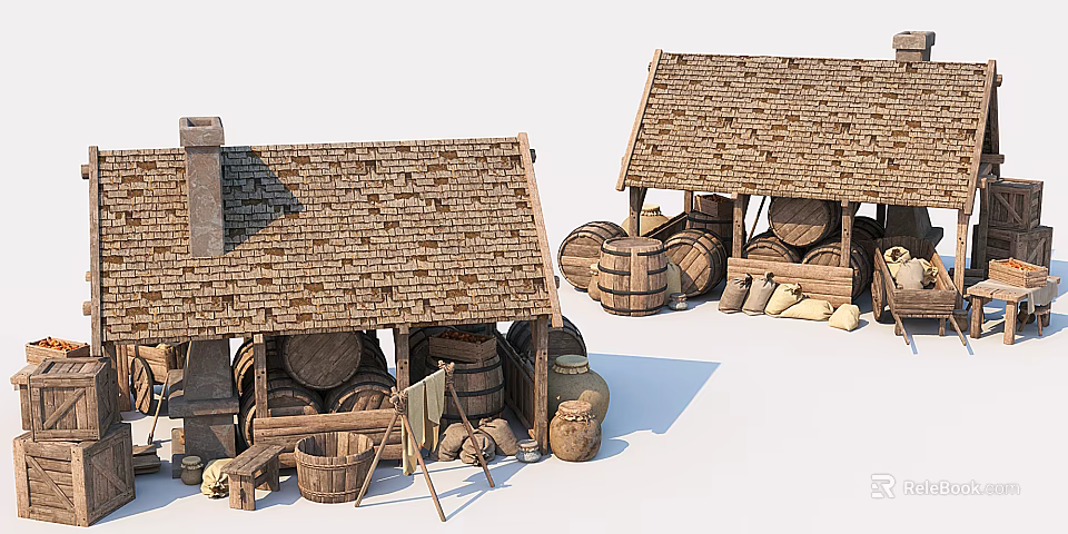 Vintage Rustic Huts With Thatch Roofs Wooden Barrels Sacks And Tools 3d model 