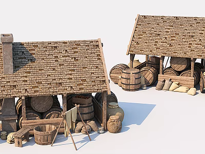 Vintage Rustic Huts With Thatch Roofs Wooden Barrels Sacks And Tools 3d model