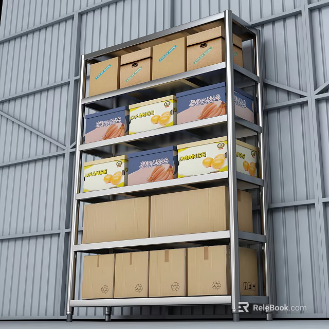 Industrial Storage Shelving Unit With Multiple Cardboard Boxes And Mandarin Crates 3d model 