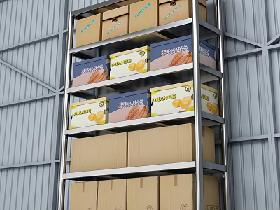 Industrial Storage Shelving Unit With Multiple Cardboard Boxes And Mandarin Crates 3d model