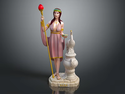 Man Statue Holding Red Torch With Ornate Headpiece Pink Robe And White Tower Base Hestia 3d model