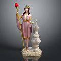 Man Statue Holding Red Torch With Ornate Headpiece Pink Robe And White Tower Base Hestia