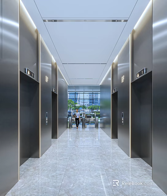 Modern Elevator Lobby Interior With Metal Doors Marble Flooring And Lighting 3d model 