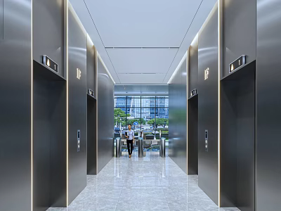 Modern Elevator Lobby Interior With Metal Doors Marble Flooring And Lighting 3d model