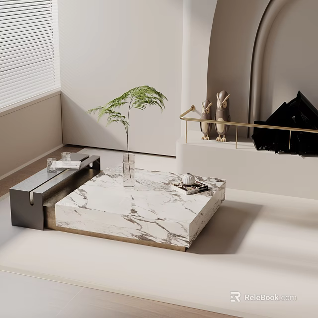 Modern Living Room Sofa And Marble Coffee Table Set With Potted Plant And Decorative Bunnies 3d model 