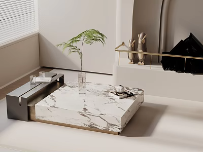 Modern Living Room Sofa And Marble Coffee Table Set With Potted Plant And Decorative Bunnies 3d model