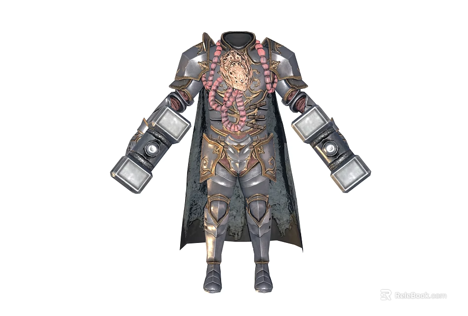 Game Movie Character in Intricate Metal Armor with Golden Accents Cloak and Shoulder Guards 3d model 