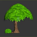 Green Plants Featuring Large Tree With Dense Green Leaves Brown Trunk And Small Shrub