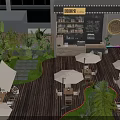 Cozy Outdoor Café With Wooden Deck White Umbrellas Tables And Green Plants
