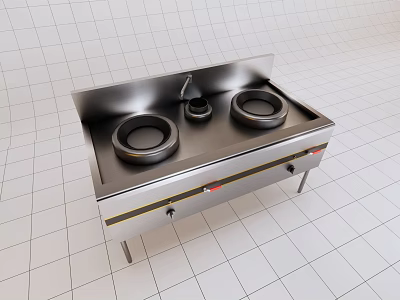 Stainless Steel Kitchen Stove With Two Burners And Control Knobs In Tiled Kitchen Setting 3d model