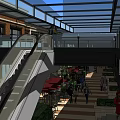 Vibrant Commercial Street Featuring Glass Canopy Shops Green Plants And Pedestrians
