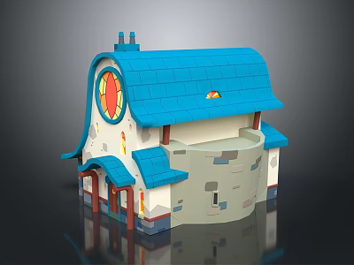 Cartoon Style Building With Blue Roof Chimney Circular Red Yellow Decoration White Gray Body 3d model