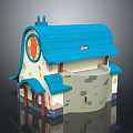 Cartoon Style Building With Blue Roof Chimney Circular Red Yellow Decoration White Gray Body