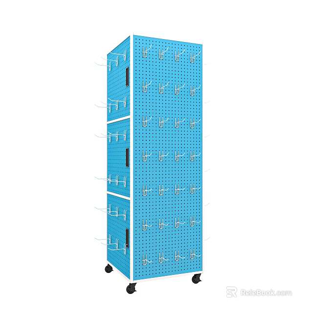 Blue Perforated Mobile Display Rack With Multiple Layers And Storage Hooks 3d model