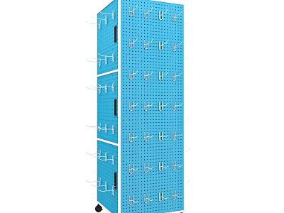 Blue Perforated Mobile Display Rack With Multiple Layers And Storage Hooks 3d model