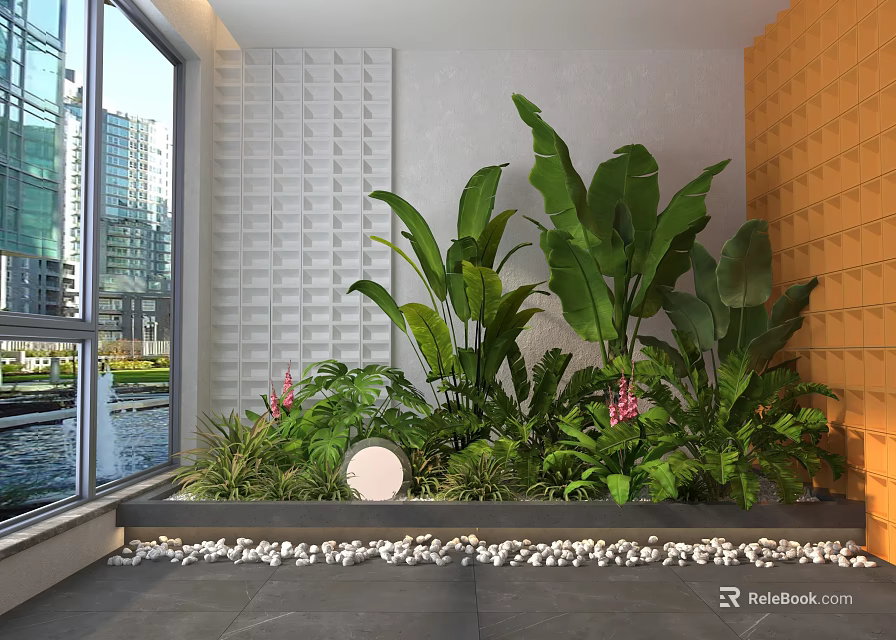 Indoor Garden Ornaments With Lush Green Plants And Decorative Stones 3d model 