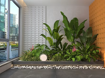 Indoor Garden Ornaments With Lush Green Plants And Decorative Stones 3d model