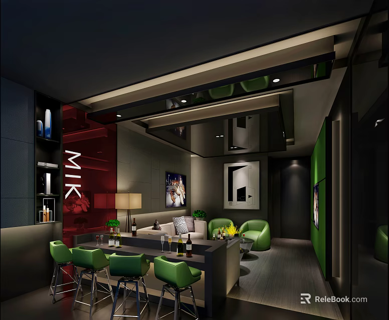 Modern KTV Interior With Comfortable Sofa Dining Table Decorative Lights And Wall Art 3d model