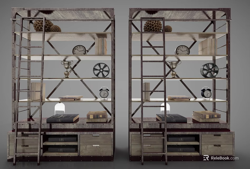 Industrial Style Storage Shelving Units With Metal Frames Wooden Drawers And Decorative Items 3d model 