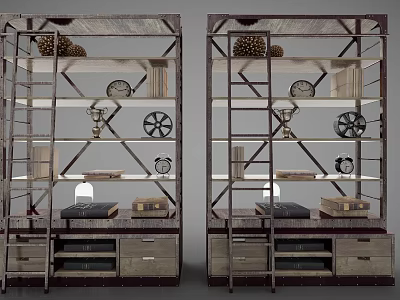 Industrial Style Storage Shelving Units With Metal Frames Wooden Drawers And Decorative Items 3d model