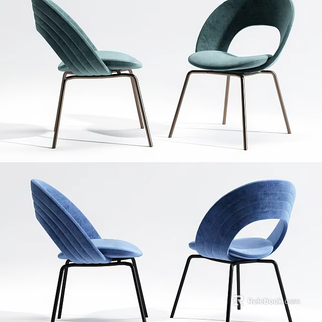 Modern Dining Chairs With Curved Backrest Upholstered Green Blue Fabric And Metal Legs 3d model 