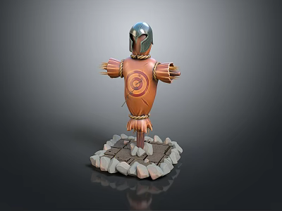 Decorative Scarecrow Figurine With Metal Helmet Spiral Pattern Orange Body And Stone Base 3d model