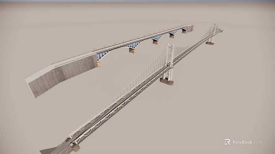 Modern Scenic Landscape Bridge with Suspension Arch Structures and Steel Frame 3d model 