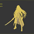 3D Character With Long Blue Hair Black Outfit And Glowing Blue Sword