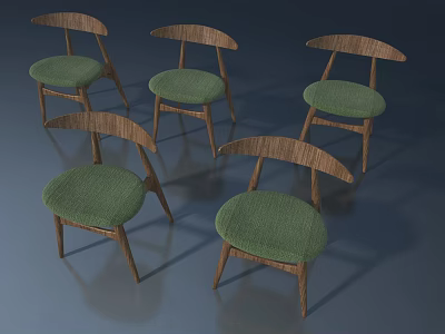 Five Wooden Chairs With Green Fabric Seats In Modern Style 3d model
