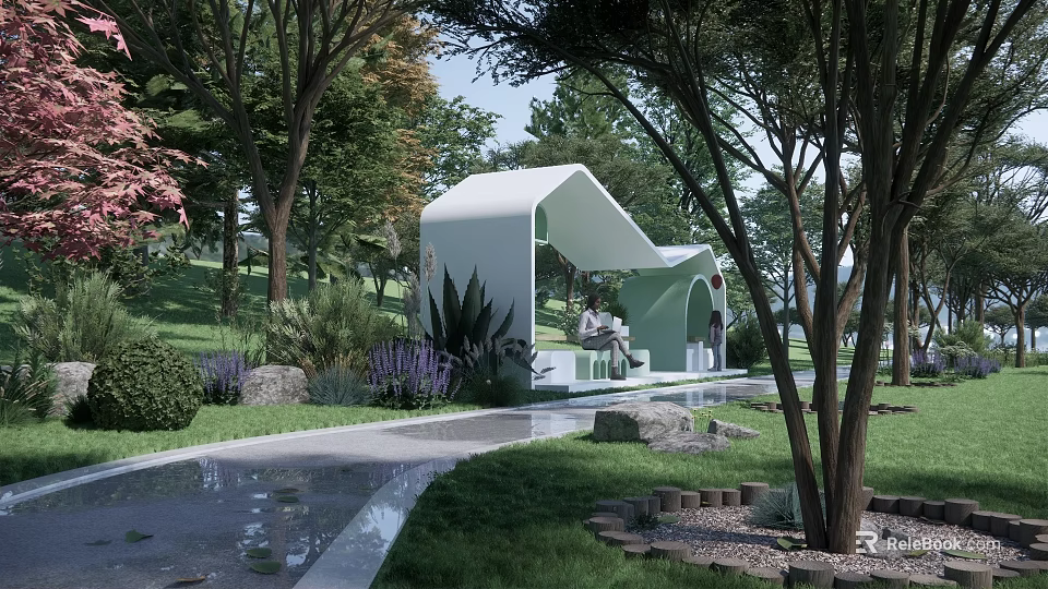 Modern White Curved Landscape Seat with Trees Greenery Path and Purple Flowers 3d model 