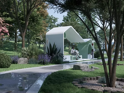 Outdoor Rest Area Landscape Sketch Garden Tree Park Public Seat Women Children Sitting Plants Shrubs Leaves Waterlogged Flowers and Plants Beautiful 3d model