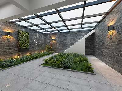Luxurious Villa Balcony With Glass Roof Stone Walls And Green Plants 3d model