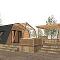 Modern Wooden House With Sloped Roof Wooden Deck And Pergola Surrounded By Trees