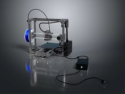 Desktop 3D Printer With Transparent Frame Blue Component Power Adapter And Cables 3d model